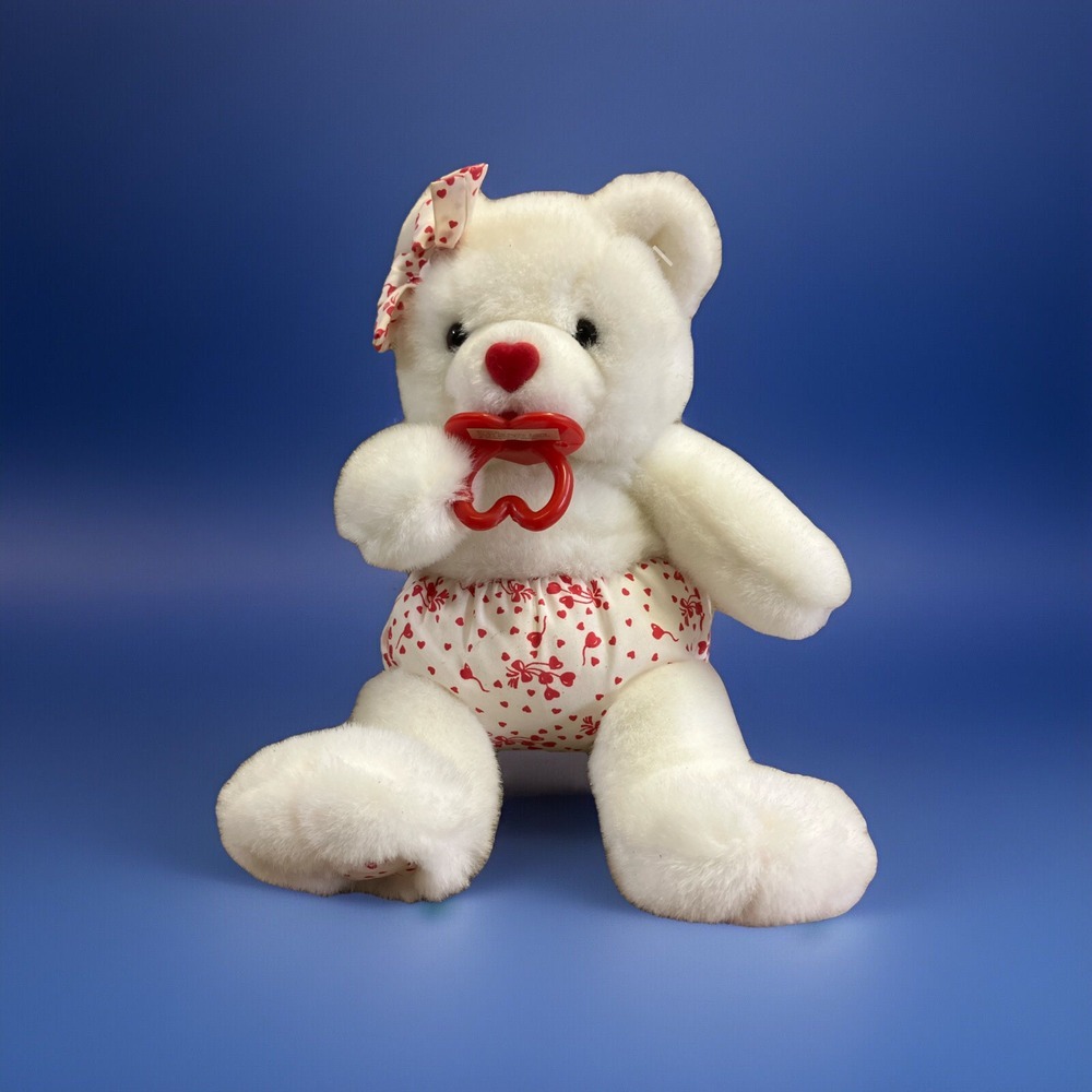 Vtg Plush Creations Plush White Teddy Bear Red‎ Heart Pacifier Nose Diaper Bow